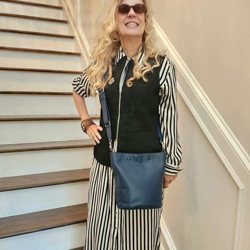 Steven Alan Ex Cond Blue Denim Pebble Leather Bucket Crossbody Bag, $64